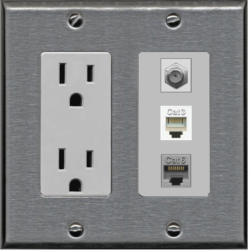 RiteAV 1 Port CAT6 Ethernet Coax Phone Wall Plate - Outlet [Stainless/Gray]