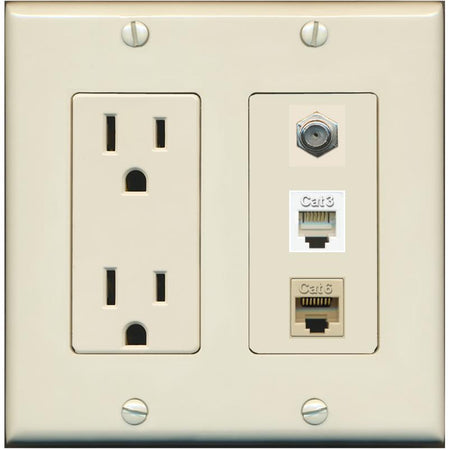 RiteAV 1 Port CAT6 Ethernet COAX PHONE Wall Plate - Outlet [Light-Almond]