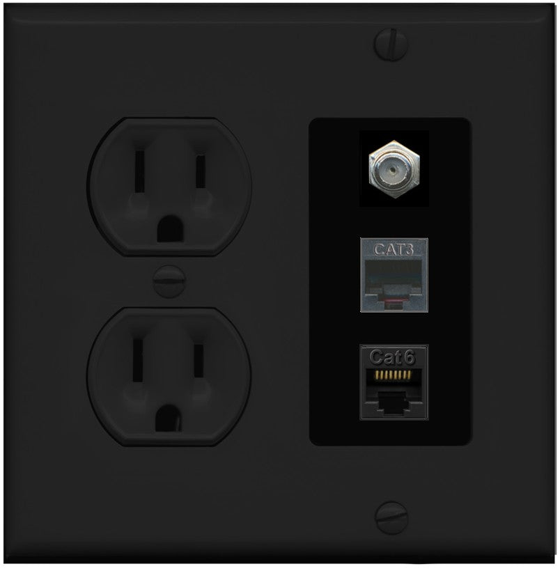RiteAV 1 Port CAT6 Ethernet Coax Phone Wall Plate - Round Outlet [Black/Black]