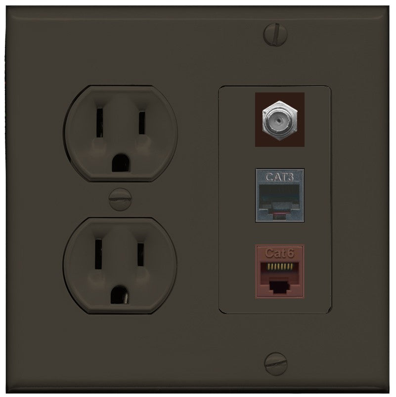 RiteAV 1 Port CAT6 Ethernet Coax Phone Wall Plate - Round Outlet [Brown/Brown]