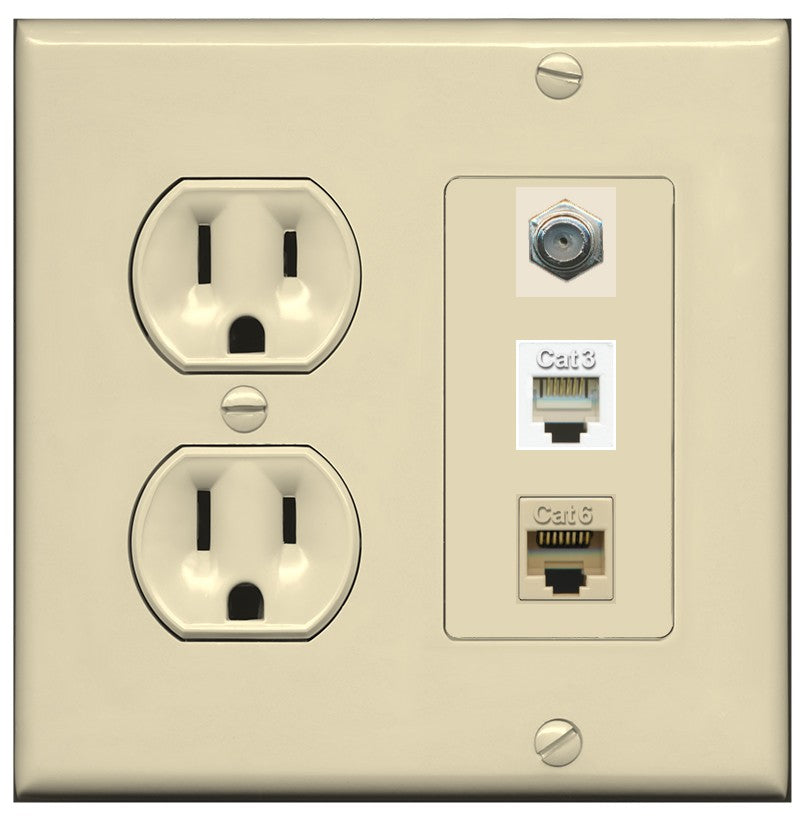 RiteAV 1 Port CAT6 Ethernet Coax Phone Wall Plate - Round Outlet [Ivory/Ivory]