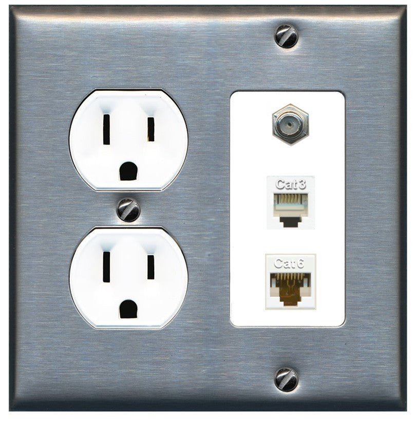 RiteAV 1 Port CAT6 Ethernet Coax Phone Wall Plate - Round Outlet [Stainless/White]