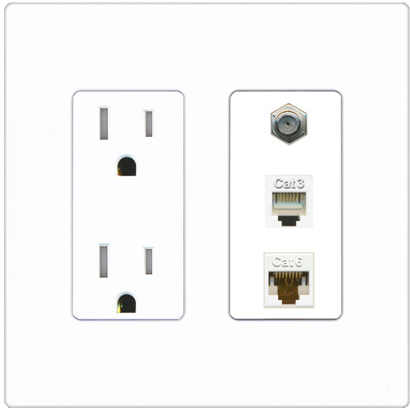 RiteAV 1 Port CAT6 Ethernet Coax Phone Wall Plate - Tamper-Resistant Outlet [Screwless White]
