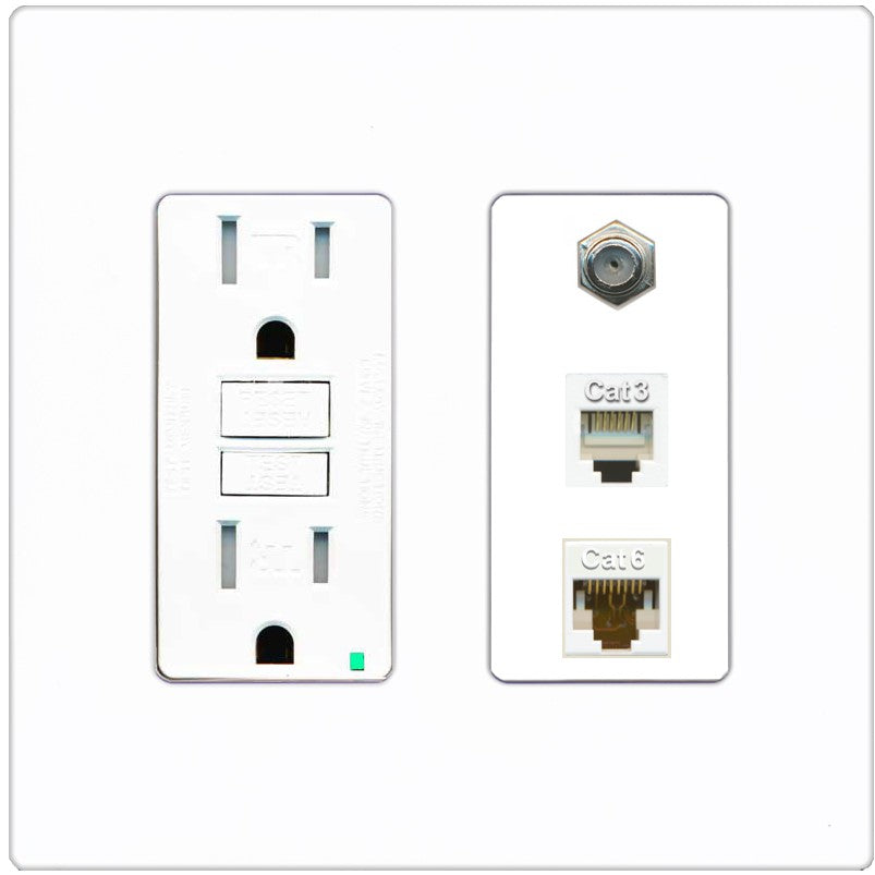 RiteAV 1 Port CAT6 Ethernet Coax Phone Wall Plate - GFCI Outlet [Screwless White]