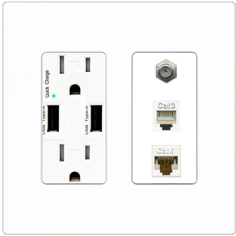 RiteAV 1 Port CAT6 Ethernet Coax Phone Wall Plate - USB Outlet [Screwless White]