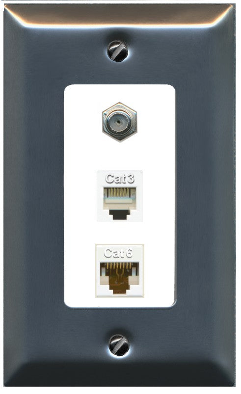 RiteAV 1 Port CAT6 Ethernet Coax Phone Wall Plate - 1 Gang Decorative [Stainless/White]