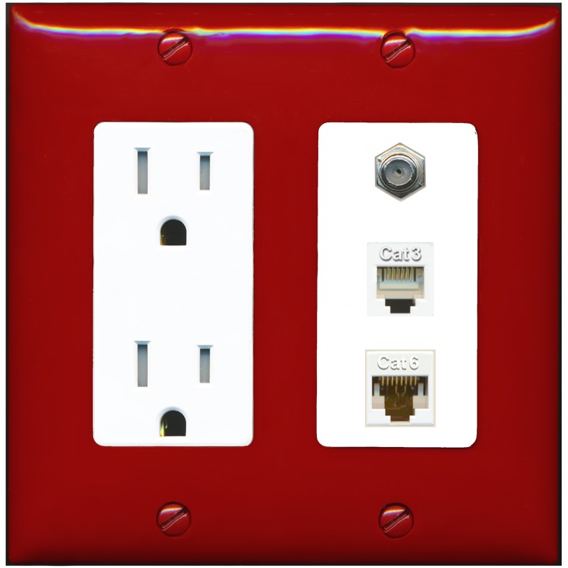 RiteAV 1 Port CAT6 Ethernet Coax Phone Wall Plate - Tamper-Resistant Outlet [Red/White]