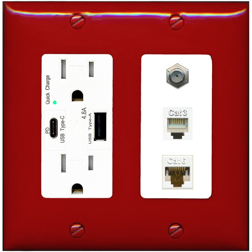 RiteAV 1 Port CAT6 Ethernet Coax Phone Wall Plate - USB A+C Outlet [Red/White]