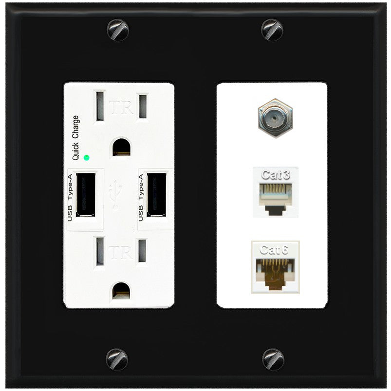 RiteAV 1 Port CAT6 Ethernet Coax Phone Wall Plate - USB Outlet [Black/White]
