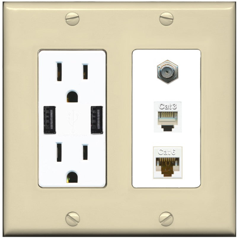 RiteAV 1 Port CAT6 Ethernet Coax Phone Wall Plate - USB Outlet [Ivory/White]