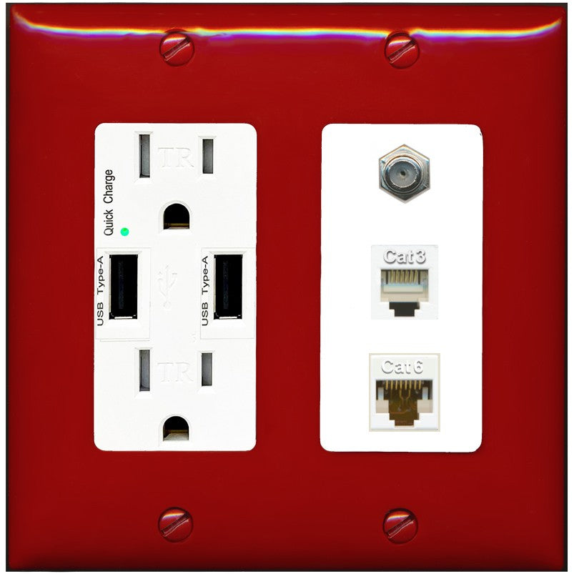 RiteAV 1 Port CAT6 Ethernet Coax Phone Wall Plate - USB Outlet [Red/White]