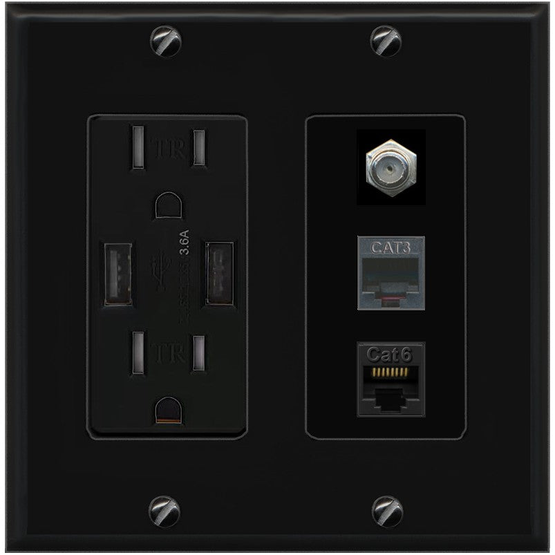 RiteAV 1 Port CAT6 Ethernet Coax Phone Wall Plate - USB Outlet [Black/Black]