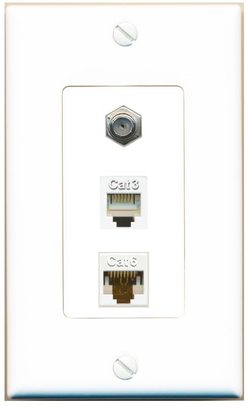 RiteAV 1 Port CAT6 Ethernet COAX PHONE Wall Plate - 1 Gang [White]