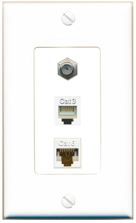 RiteAV 1 Port CAT6 Ethernet COAX PHONE Wall Plate - 1 Gang [White]