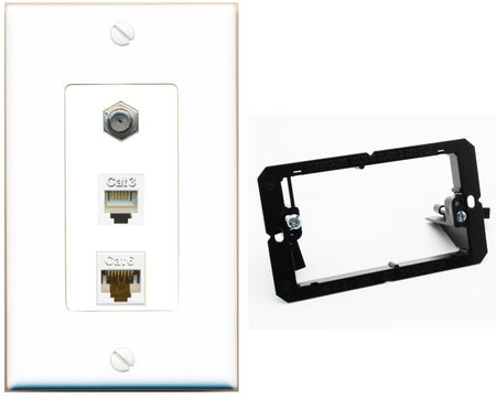 RiteAV 1 Port CAT6 Ethernet COAX PHONE Wall Plate - Bracket [White]