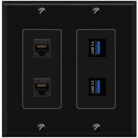 RiteAV 2 Port Cat6 2 USB3 Wall Plate - 2 Gang [Black/Black]