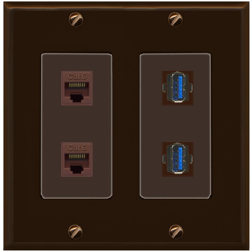 RiteAV 2 Port Cat6 2 USB3 Wall Plate - 2 Gang [Brown/Brown]
