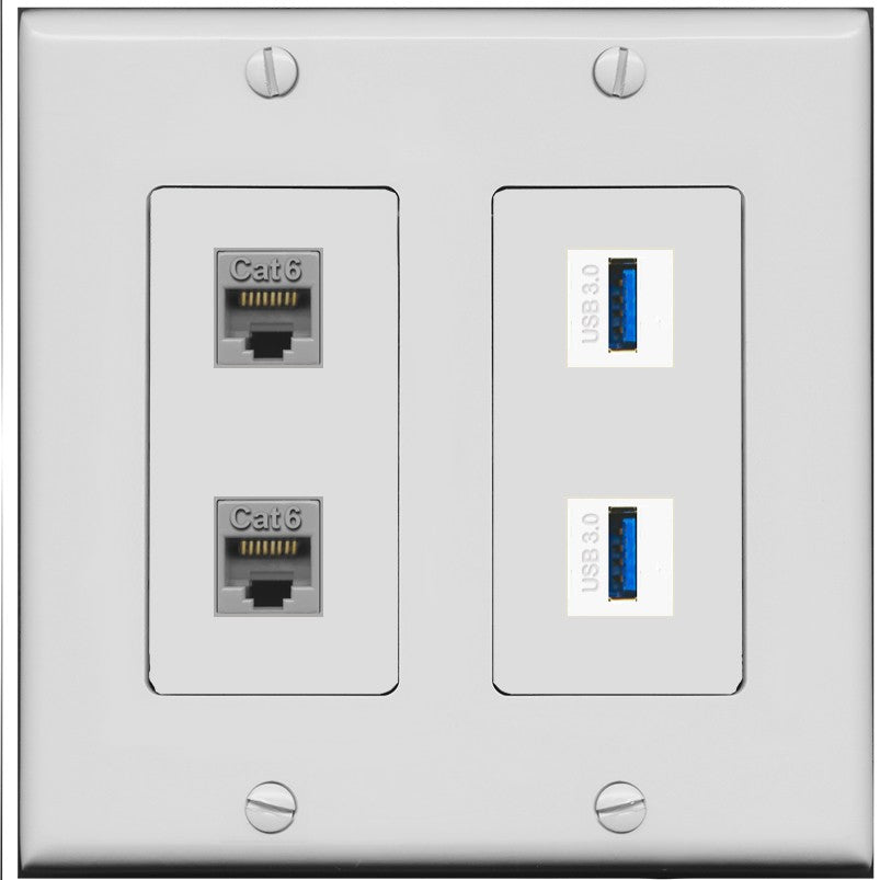 RiteAV 2 Port Cat6 2 USB3 Wall Plate - 2 Gang [Gray/Gray]