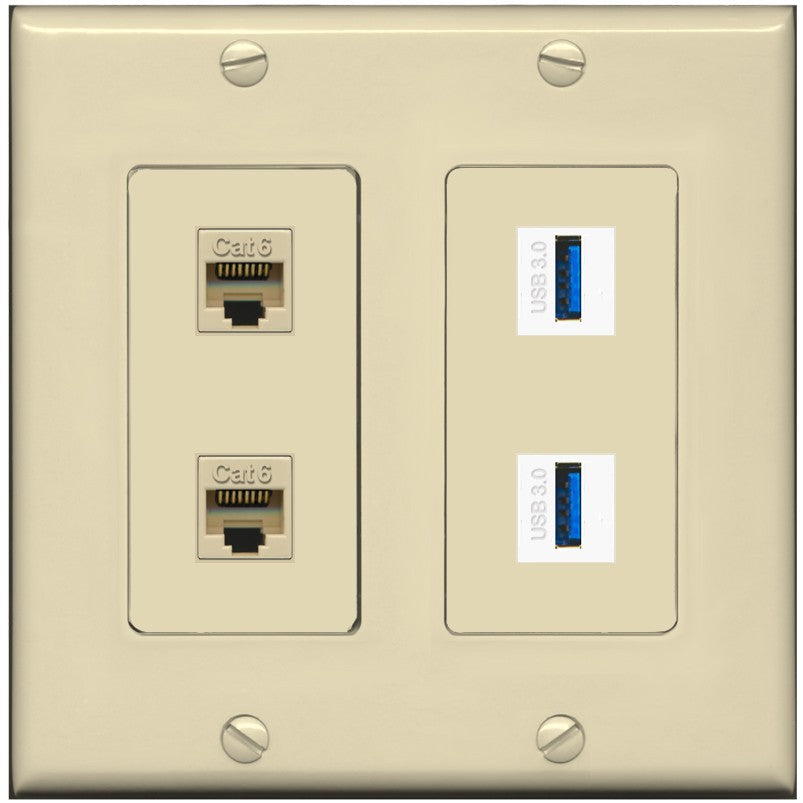 RiteAV 2 Port Cat6 2 USB3 Wall Plate - 2 Gang [Ivory/Ivory]