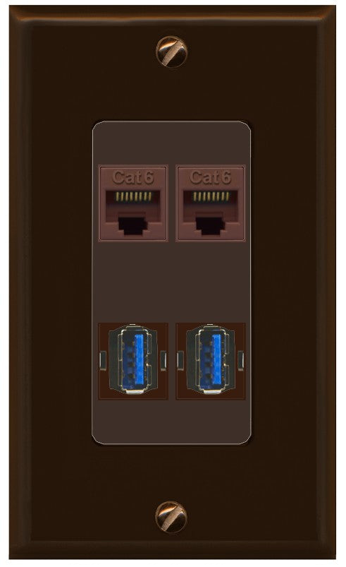 RiteAV 2 Port Cat6 2 USB3 Wall Plate - 1 Gang Decorative [Brown/Brown]