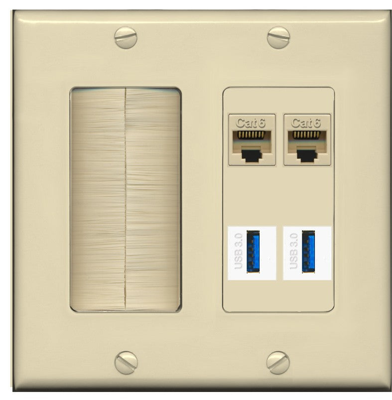 RiteAV 2 Port Cat6 2 USB3 Wall Plate - Brush [Ivory/Ivory]