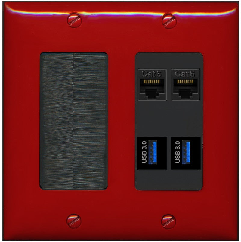 RiteAV 2 Port Cat6 2 USB3 Wall Plate - Brush [Red/Black]