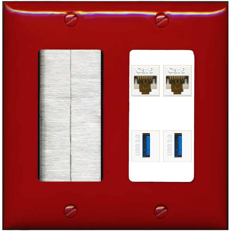 RiteAV 2 Port Cat6 2 USB3 Wall Plate - Brush [Red/White]
