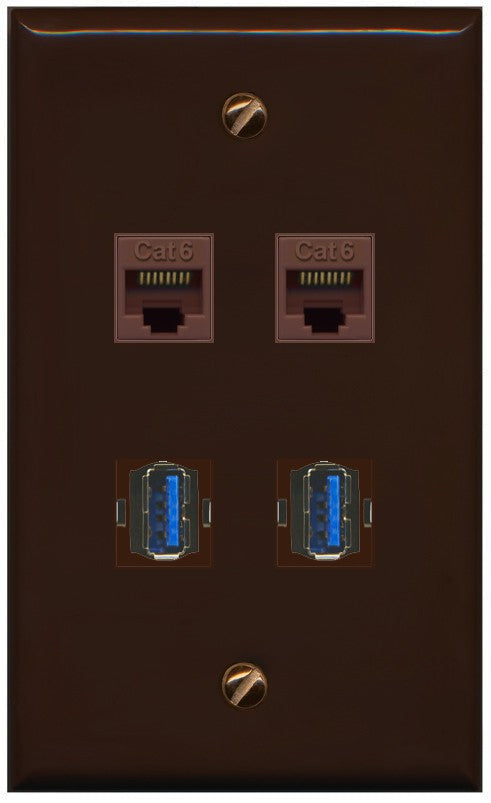RiteAV 2 Port Cat6 2 USB3 Wall Plate - Flat Style [Brown/Brown]
