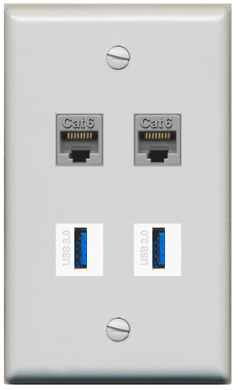 RiteAV 2 Port Cat6 2 USB3 Wall Plate - Flat Style [Gray/Gray]