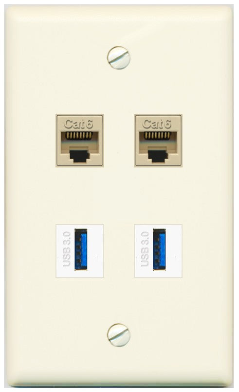 RiteAV 2 Port Cat6 2 USB3 Wall Plate - Flat Style [Light-Almond]
