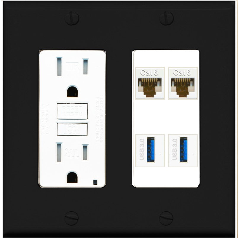 RiteAV 2 Port Cat6 2 USB3 Wall Plate - GFCI Outlet [Black/White]