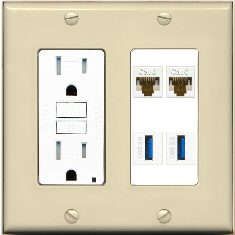 RiteAV 2 Port Cat6 2 USB3 Wall Plate - GFCI Outlet [Ivory/White]