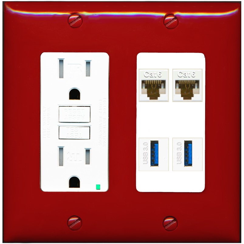 RiteAV 2 Port Cat6 2 USB3 Wall Plate - GFCI Outlet [Red/White]