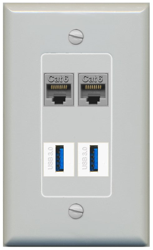RiteAV 2 Port Cat6 2 USB3 Wall Plate - 1 Gang Decorative [Gray/Gray]
