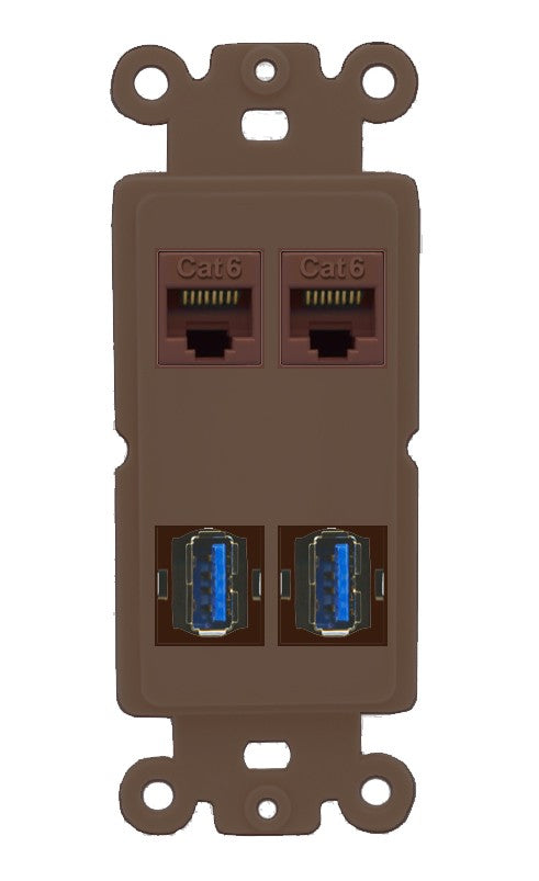 RiteAV 2 Port Cat6 2 USB3 Wall Plate - Rocker [Brown/Brown]