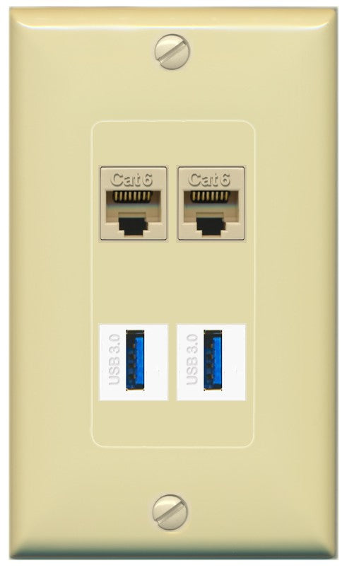 RiteAV 2 Port Cat6 2 USB3 Wall Plate - 1 Gang Decorative [Ivory/Ivory]