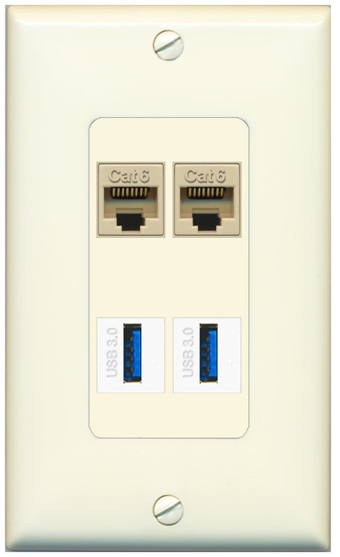RiteAV 2 Port Cat6 2 USB3 Wall Plate - 1 Gang Decorative [Light-Almond]