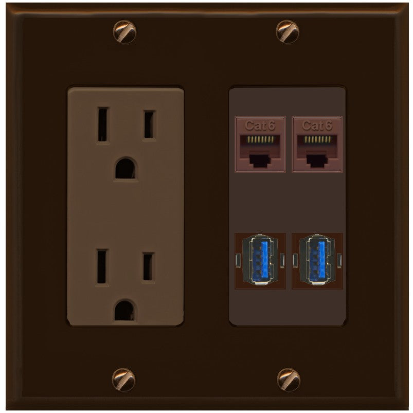RiteAV 2 Port Cat6 2 USB3 Wall Plate - Outlet [Brown/Brown]