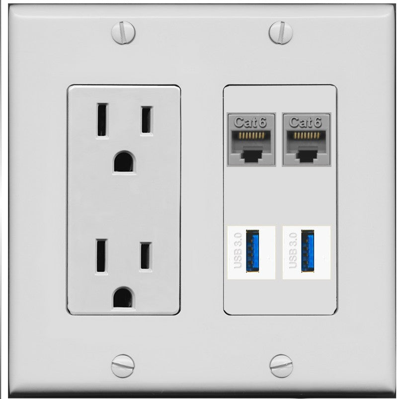RiteAV 2 Port Cat6 2 USB3 Wall Plate - Outlet [Gray/Gray]