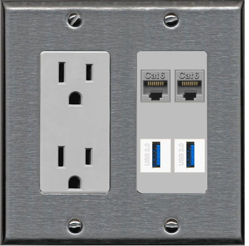 RiteAV 2 Port Cat6 2 USB3 Wall Plate - Outlet [Stainless/Gray]