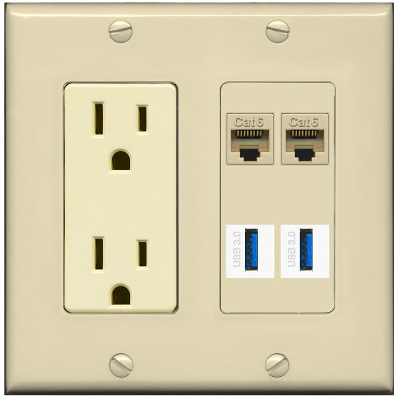 RiteAV 2 Port Cat6 2 USB3 Wall Plate - Outlet [Ivory/Ivory]