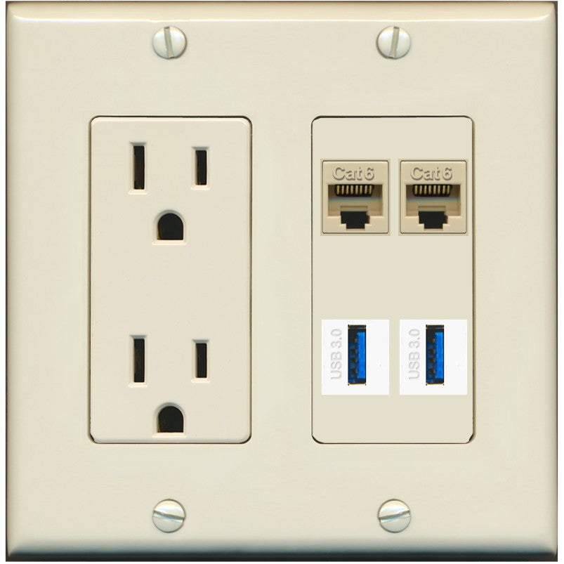RiteAV 2 Port Cat6 2 USB3 Wall Plate - Outlet [Light-Almond]