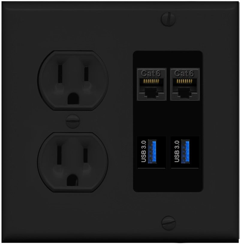RiteAV 2 Port Cat6 2 USB3 Wall Plate - Round Outlet [Black/Black]