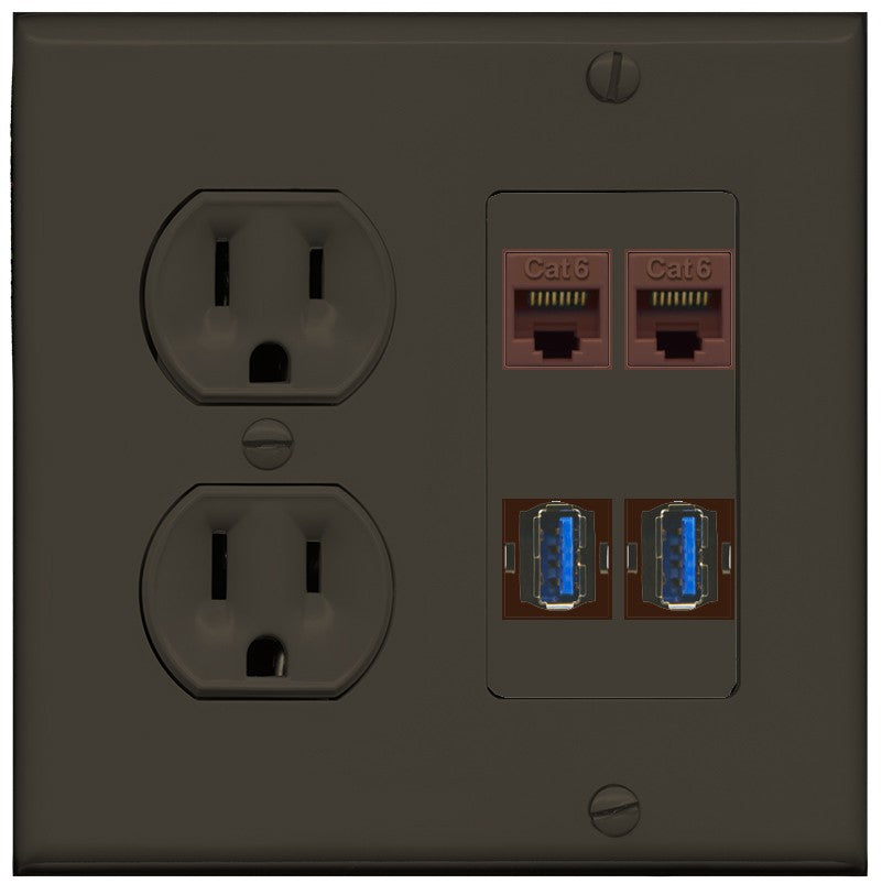 RiteAV 2 Port Cat6 2 USB3 Wall Plate - Round Outlet [Brown/Brown]