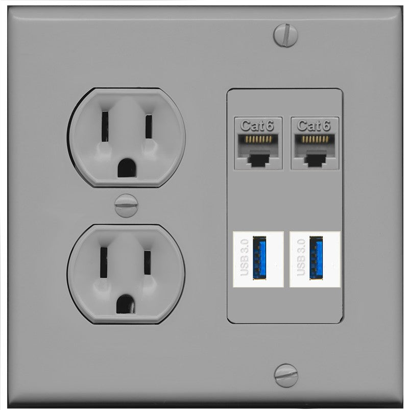 RiteAV 2 Port Cat6 2 USB3 Wall Plate - Round Outlet [Gray/Gray]