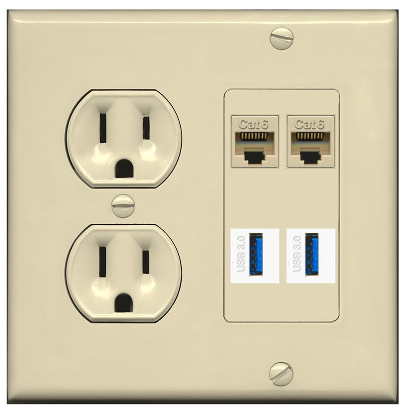RiteAV 2 Port Cat6 2 USB3 Wall Plate - Round Outlet [Ivory/Ivory]