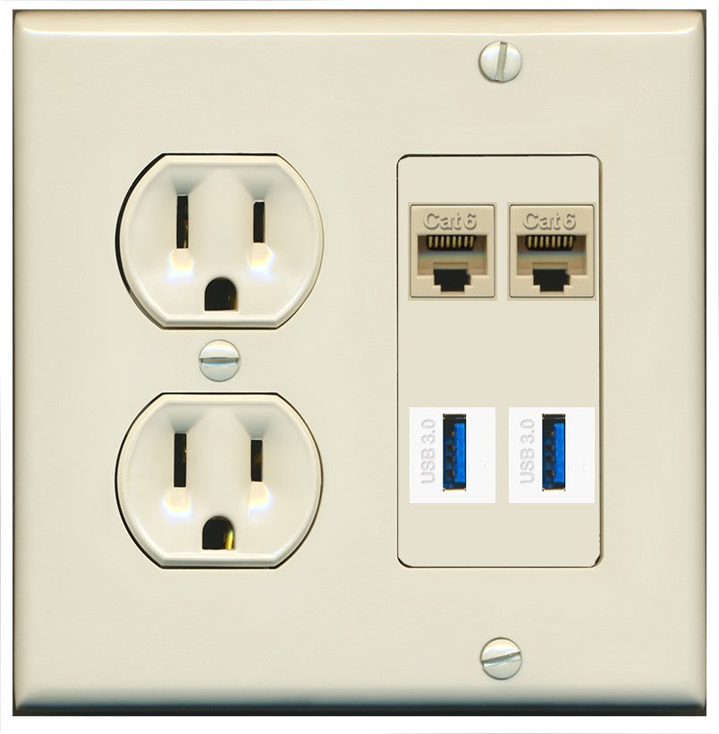 RiteAV 2 Port Cat6 2 USB3 Wall Plate - Round Outlet [Light-Almond]