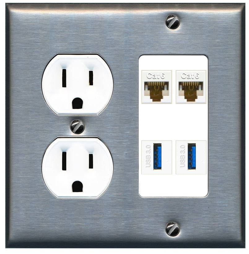 RiteAV 2 Port Cat6 2 USB3 Wall Plate - Round Outlet [Stainless/White]