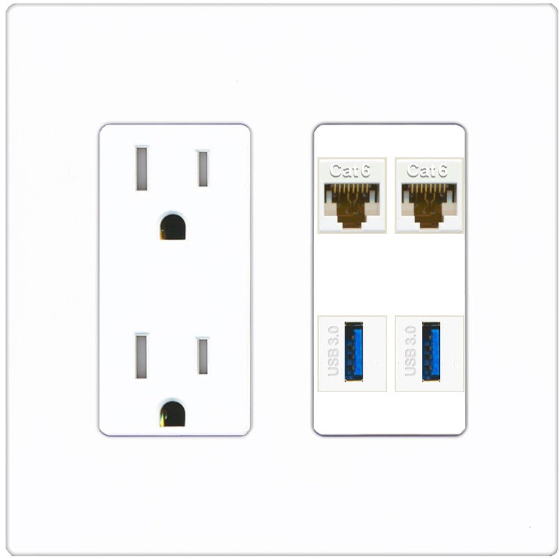 RiteAV 2 Port Cat6 2 USB3 Wall Plate - Tamper-Resistant Outlet [Screwless White]