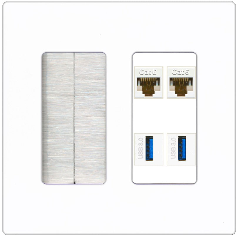 RiteAV 2 Port Cat6 2 USB3 Wall Plate - Brush [Screwless White]